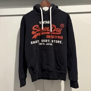 Superdry Hoodie Mens Small Black Red Tokyo Sweat Shirt Store Pullover Logo Japan